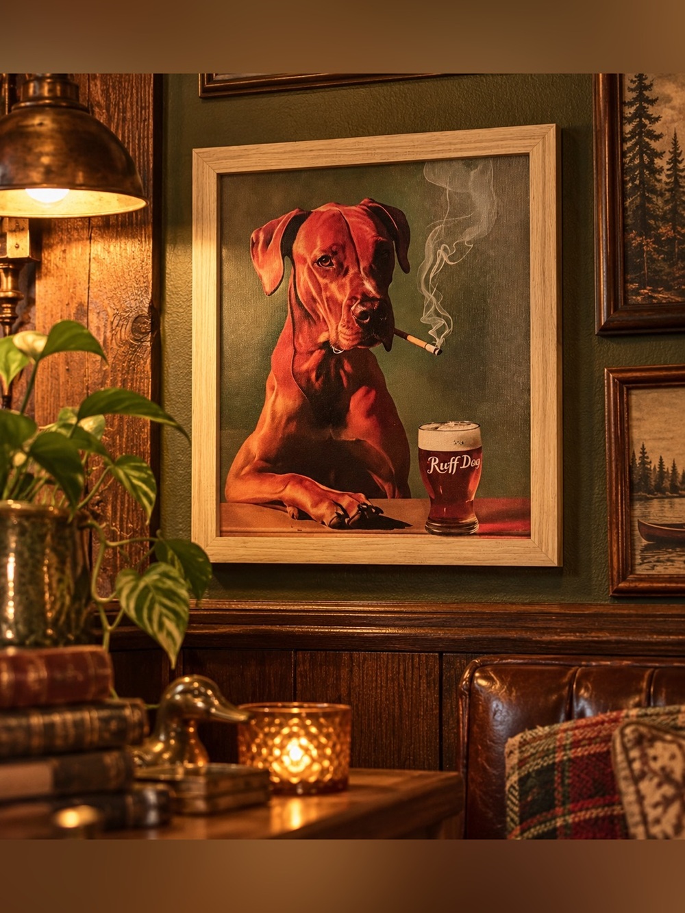 Dog Drinking a Beer Smoking a Cigarette Canvas Art Print Faux Wood Framed Art